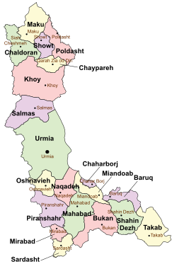Location of Takab County in West Azerbaijan province (bottom right, yellow)