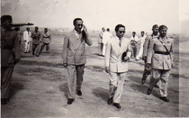 King Faisal II and Abd al-ilah at Mosul Airport with Rafik Aref, Chief of Staff of the Army, on the right of the picture, and Khalil Jassim al-Dabbagh, the commander of the Mosul site, on the left