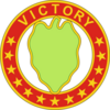 A hollow red circle with stars and the word "Victory", inside a green leaf