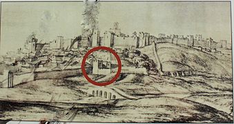 View of Badajoz drawn by Pier Maria Baldi in 1668. The Merida Gate was then in its former position