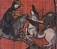 A crowned man battling another man, both on horseback