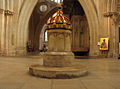 The baptismal font from the Saxon church of Bishop Aldhelm (c. 705) predates the cathedral by more than 400 years.