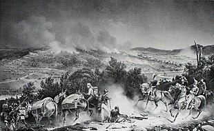 Black and white print shows several horsemen and two pack mules in the foreground while a battle rages in the background.