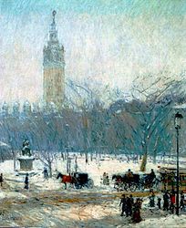 Snowstorm, Madison Square by Childe Hassam (c.1890). Stanford White's Madison Square Garden is in the background.
