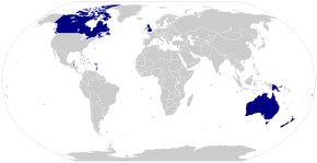 A world map with the Commonwealth realms highlighted. The realms are predominantly located in North America and Oceania.