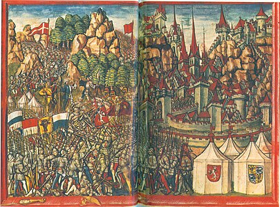 The Battle of Arbedo (1422) as depicted in the Lucerne chronicle (1513). The Swiss Confederates are shown as marching under their cantonal flags (Lucerne, Uri, Unterwalden, Zug), with the white cross attached to their garments. Reinforcements of Schwyz are shown arriving in the top left, with a red triangular flag showing the white cross.
