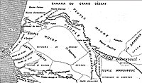 Carte des peuplades du Sénégal de l'abbé Boilat (1853): an ethnic map of Senegal at the time of French colonialism. The pre-colonial states of Baol, Sine and Saloum are arrayed along the southwest coast, with the inland areas marked "Peuple Sérère".