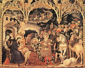 Painted altarpiece in the International Gothic style. The Virgin Mary and Christ Child sit to the extreme left, attended by several women. At the centre, the Three Kings stand and kneel before the child. To the right, and winding away into the distance is a procession of the king's retinue. The painting is remarkable for its elaborate and decorative treatment, many surfaces being embossed and gilded in different patterns.