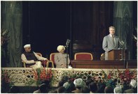 Indian Prime Minister Morarji Desai listens to U.S President Jimmy Carter as he addresses the Indian Parliament in 1978.