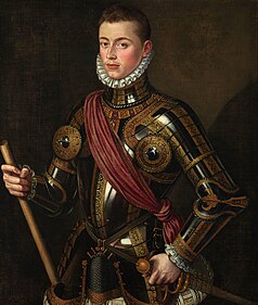 Three-quarters oil portrait of a young man standing before a black background in ornate armour with a sash across his chest and a ruff at his neck