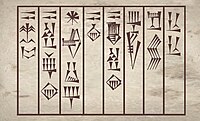 King Dudu of Agade, complete alabaster vase inscription (transcription in standard Sumero-Akkadian cuneiform): "Dudu, the Great king of Akkad, for Nergal of Apiak has dedicated this".[18]
