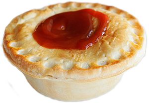 Meat pie topped with tomato sauce