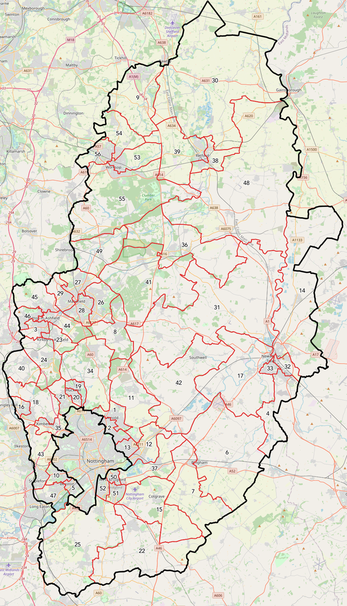 Map of the electoral divisions of Nottinghamshire.