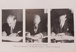 French, English and German ambassadors signing the treaty