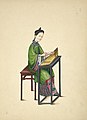 A woman wearing an ao with a long skirt, Playing a zheng, from 1800.