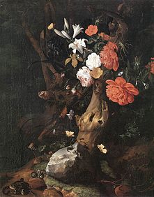 Flowers on a tree trunk; this is a typical example of the "forest floor" genre made popular by Marseus van Schrieck