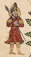 Warrior in Turkic attire, wearing the Turkic headgear sharbush, De Materia Medica of Dioscorides, Iraq, 1224. Harvard Art Museums.[16]