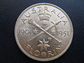 Reverse of the 1951 Australian florin commemorating the jubilee of Federation of Australia. Designed by William Leslie Bowles.