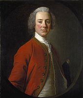 Lord Loudoun in a half-length portrait that was painted when he was about 45. He faces the painter and wears a red coat over a white vest and a white shirt with lace on the front. Since his body is turned three quarters, only his right arm is partially visible. He appears to be wearing a powdered wig.