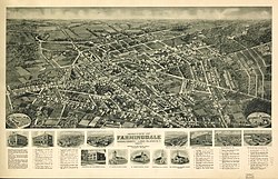 Panoramic map of Farmingdale from 1925, with a list of landmarks and several images in the insets at the bottom.