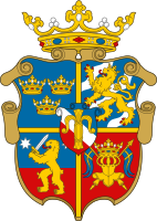 Coat of arms of Prince John when he was the Duke of Finland 1556–1563, showing the two-pointed Swedish ensign in the lower right-hand quadrant.
