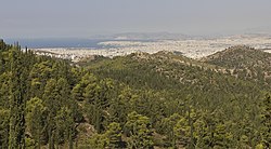 View from Kaisariani Hill looking towards Athens agglomeration, with Salamis visible in the background