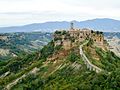 "The Dying City" of Civita di Bagnoregio, Italy, as seen from the tourist centre at Bagnoregio.