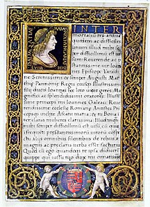 Renaissance interlaces on a page from a codex with a portrait of Matthias Corvinus, by Giovanni Ambrogio de Predis, 16th century, illuminated manuscript, unknown location
