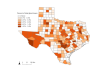 Choropleth map of percentage of ghost towns per county in Texas.