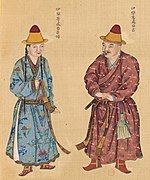 Oirat Choros Prince (Taiji, Chinese: 台吉) from Ili, and his wife. Huang Qing Zhigong Tu, 1769.[2]