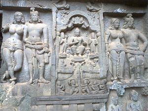 Entrance, right panel with Mithuna couples, and central Mahayana-period panel.[22]