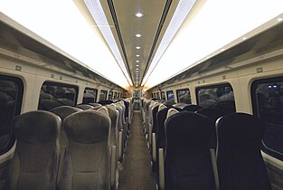 The interior of Standard Class aboard a GNER 'Project Mallard' refurbished Mark 4 TSO vehicle