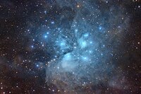 A widefield view of the Pleiades showing the surrounding dust. Image taken with 56 hours of total exposure time.
