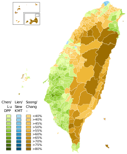 Map of winner and vote share at township-level in the 2000 Taiwanese presidential election.