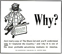 A black cat in a coat and hat, and advertising text