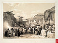 The main street in the bazaar at Caubul; men wearing khet partug (1842)