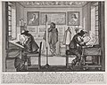 Men working at desks on engravings, in the background art patrons examining framed pictures