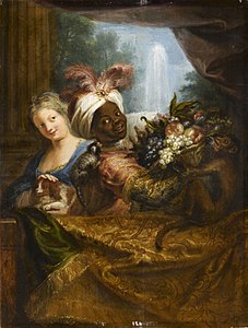 Young black boy holding a fruit basket and a girl stroking a dog, 1682, Louvre