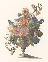 Vase with flowers: 4 colours à la poupée, with additional hand-colouring, Teyler workshop, 1688-98