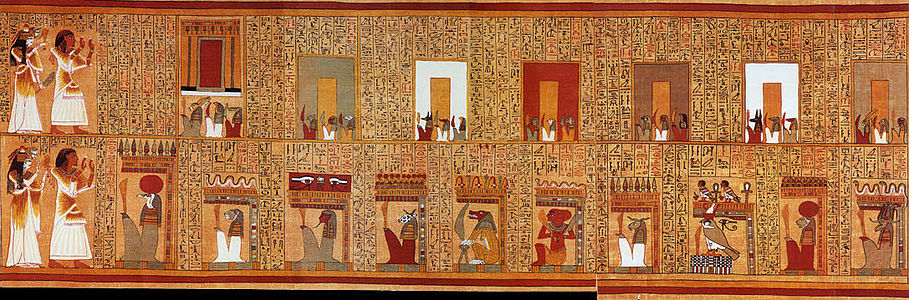 Two 'gate spells'. On the top register, Ani and his wife face the 'seven gates of the House of Osiris'. Below, they encounter ten of the 21 'mysterious portals of the House of Osiris in the Field of Reeds'. All are guarded by unpleasant protectors.[10]