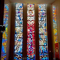 Chapel stained glass showing the Resurrection of Jesus, All Saints Cemetery Community Mausoleum, Des Plaines, Illinois