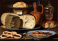 Clara Peeters, Still Life with Cheeses, Almonds and Pretzels, 1685
