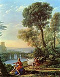 Claude Lorrain, Landscape with Apollo Guarding the Herds of Admetus and Mercury stealing them (1645).