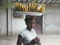 A woman carrying bananas in the Democratic Republic of the Congo
