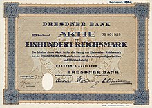 Aktie der Dresdner Bank über 100 Reichsmark, ausgegeben am 3. April 1928 in Dresden, mit Unterschrift des Bankiers Franz Friedrich Andreae als Aufsichtsratsvorsitzender. Für den Vorstand trägt die Aktie die Unterschriften von Henry Nathan und Herbert Max Magnus Gutmann.