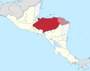 A map of the Federal Republic of Central America's states with Honduras shaded in red and the disputed territory of the Mosquito Coast in light red