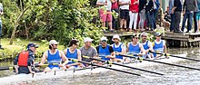 Hughes Hall First Mens Crew, May Bumps 2019 having just won blades. Cambridge Blue Boat President for 2019, Dara Alizadeh, can be seen in 5 seat.