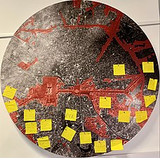 Map of Bucharest centre, highlighting with red the spaces demolished during the Ceaușescu period, on display during an exhibition in the Bucharest City Hall in June 2021