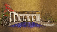 McFarlane arch representation. Coloured render showing pool & aesthetic of building, 1971.