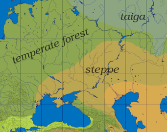 The wider area of the Urals, showing the transition of temperate forest, taiga, steppe and semi-desert